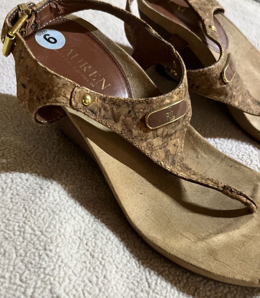 Lauren Ralph Lauren Sandals Women's 6 Tan Wedge Sandals Cork Strap Thong Slides - Picture 3 of 7